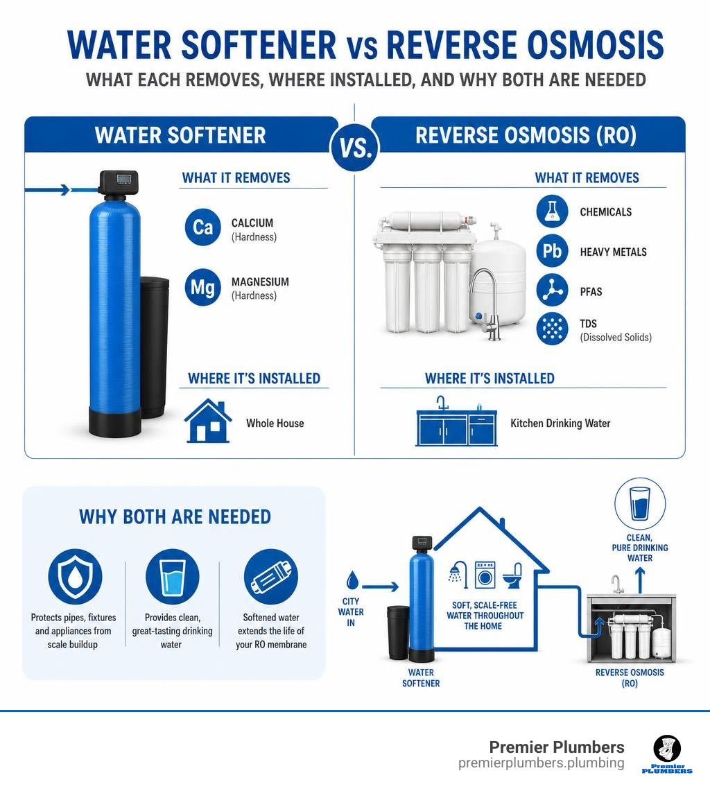 infographic comparing water softener vs reverse osmosis: what each removes, where installed, and why both are needed