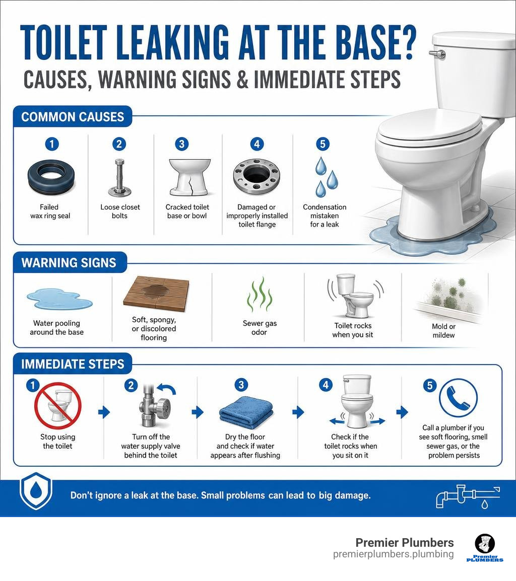 infographic showing causes, warning signs, and immediate steps for toilet leaking at base infographic infographic showing causes, warning signs, and immediate steps for toilet leaking at base infographic