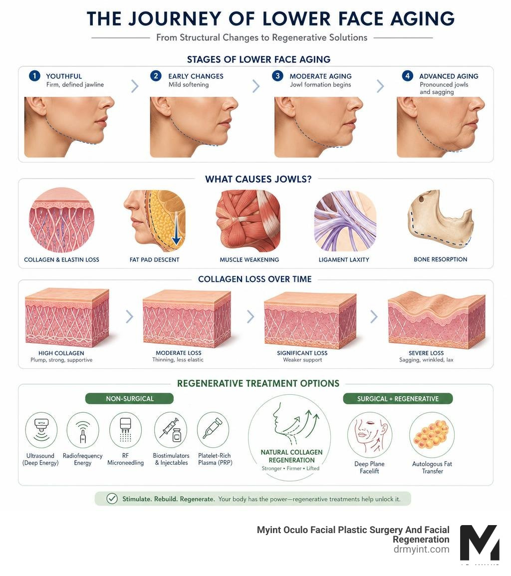 Stages of lower face aging, jowl formation, collagen loss, and regenerative treatment options infographic Stages of lower face aging, jowl formation, collagen loss, and regenerative treatment options infographic