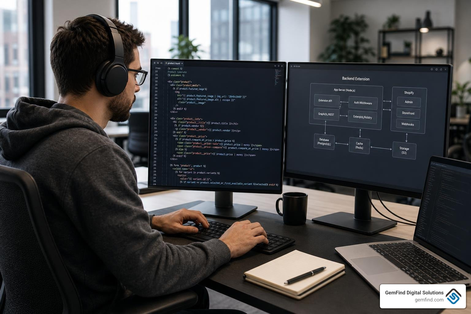 Developer analyzing Shopify Liquid code and backend extensions Developer analyzing Shopify Liquid code and backend extensions