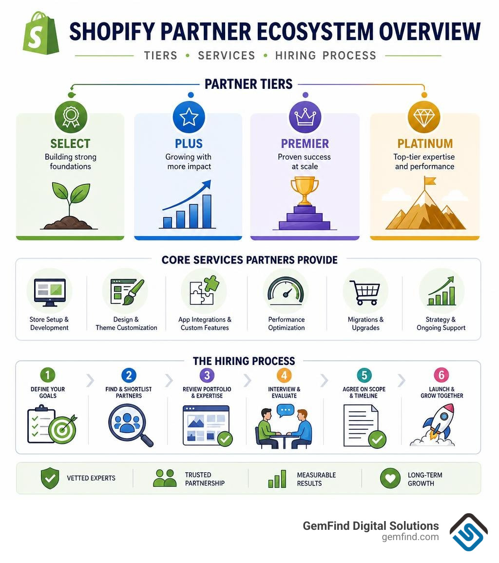 Shopify Partner ecosystem overview infographic showing tiers, services, and hiring process infographic Shopify Partner ecosystem overview infographic showing tiers, services, and hiring process infographic