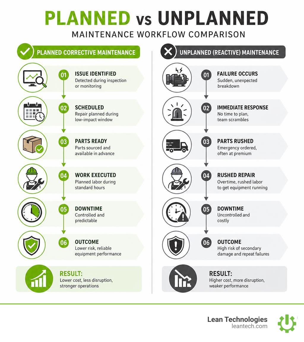 Planned vs unplanned maintenance workflow comparison infographic infographic Planned vs unplanned maintenance workflow comparison infographic infographic
