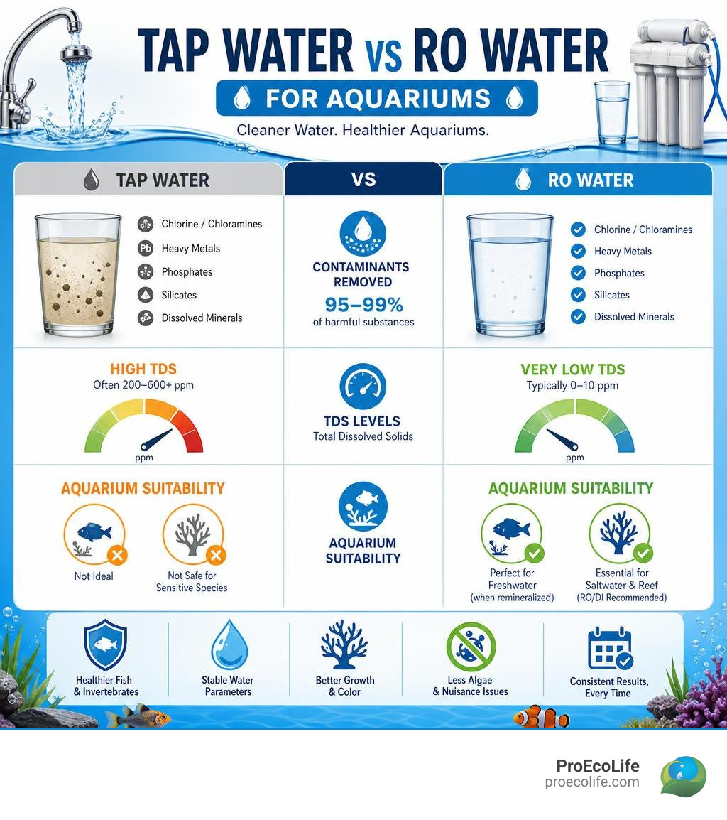 Tap water vs RO water for aquariums: contaminants removed, TDS levels, and aquarium suitability infographic Tap water vs RO water for aquariums: contaminants removed, TDS levels, and aquarium suitability infographic