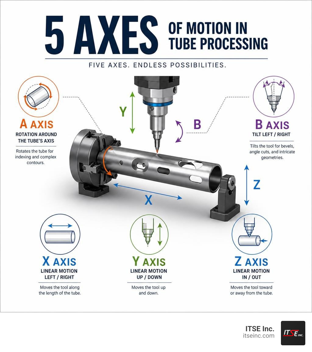 5 axes of motion in tube processing: X, Y, Z, A, B axis infographic for tube fabricators infographic