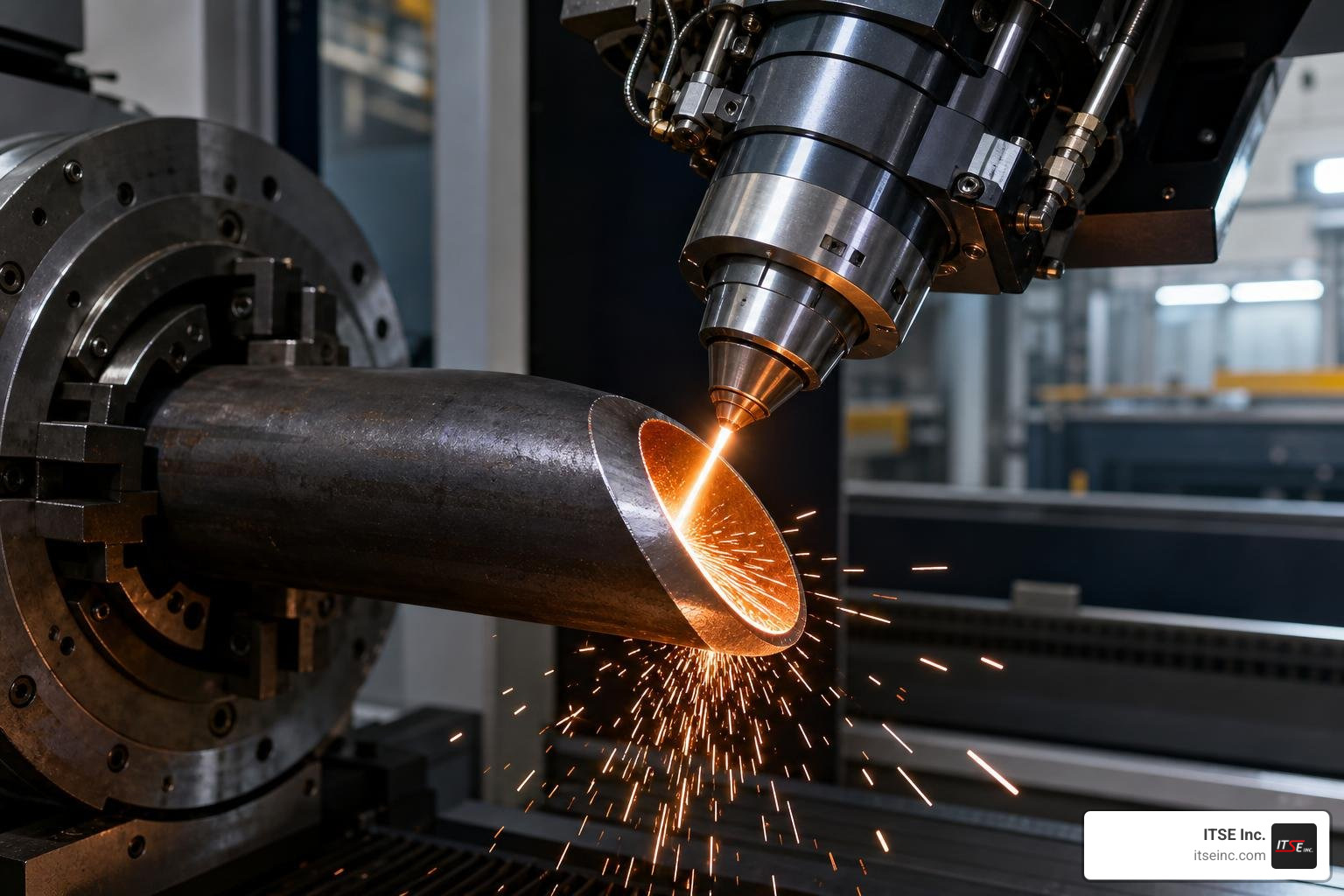 5-axis laser cutting head beveling a steel pipe
