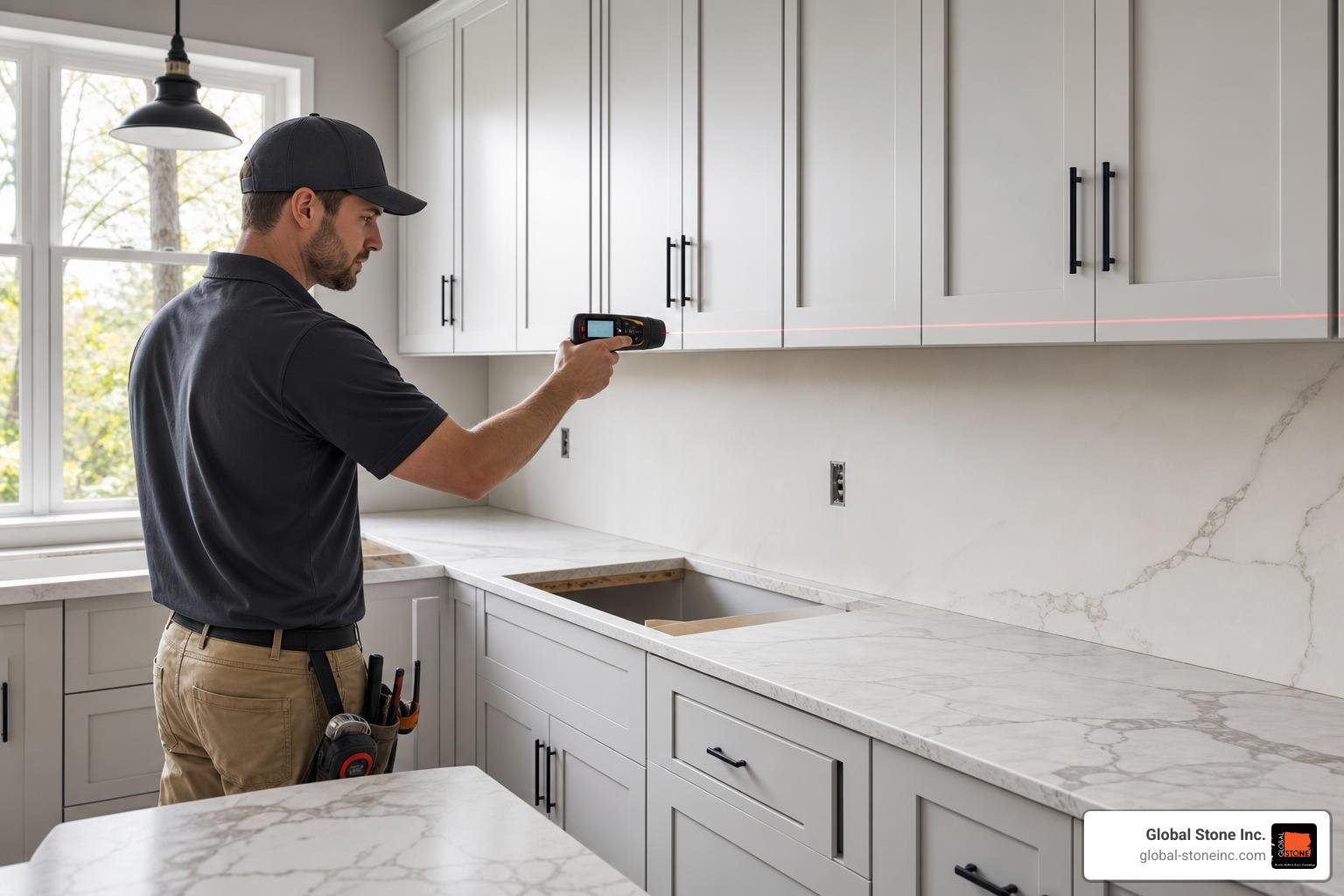 Technician using laser templating on kitchen cabinets