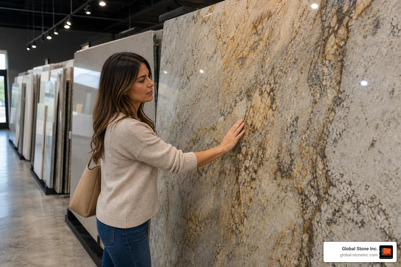Homeowner selecting a stone slab in a showroom