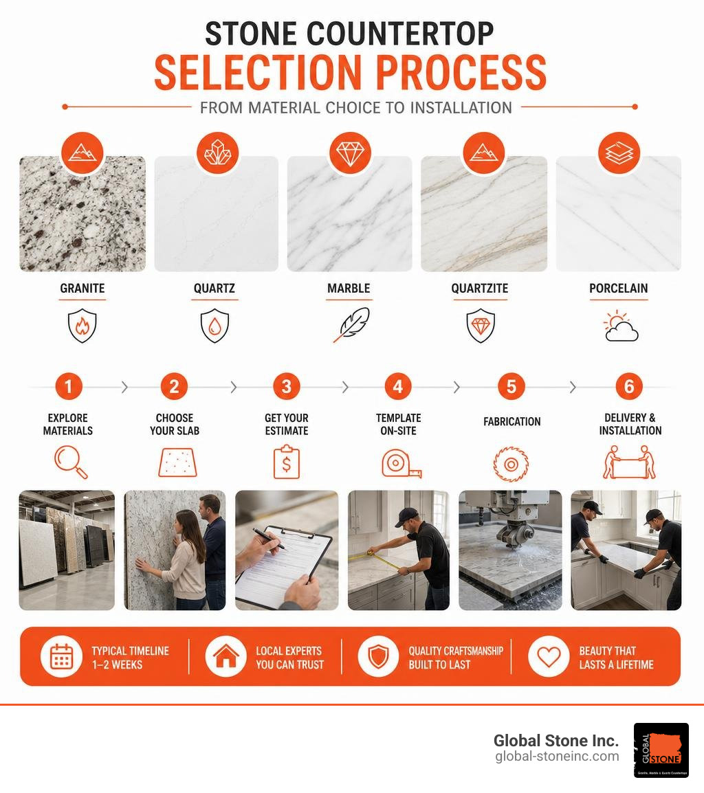 Stone countertop selection process from material choice to installation infographic infographic