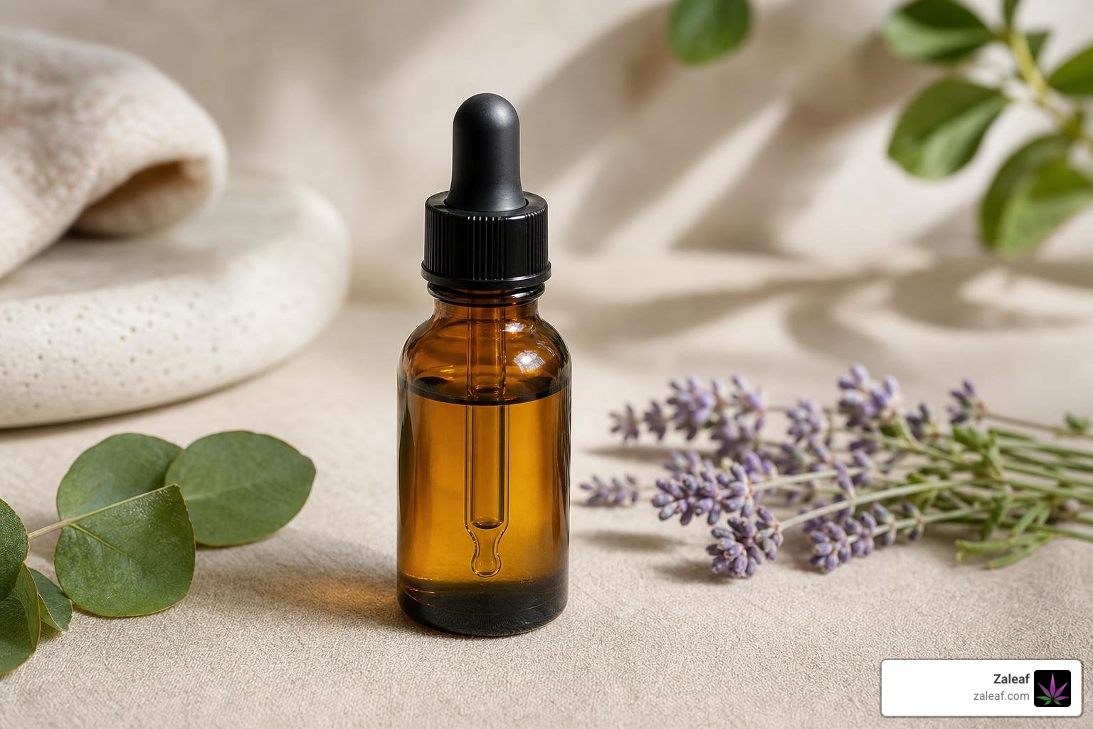 CBD drops bottle with dropper on a calm wellness background CBD drops bottle with dropper on a calm wellness background