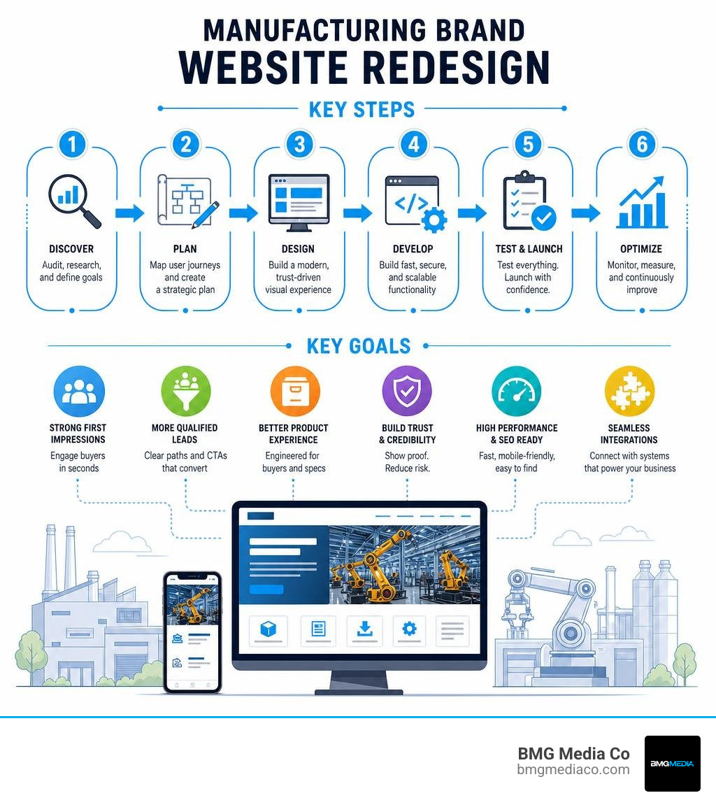 Key steps and goals of a manufacturing brand website redesign infographic infographic