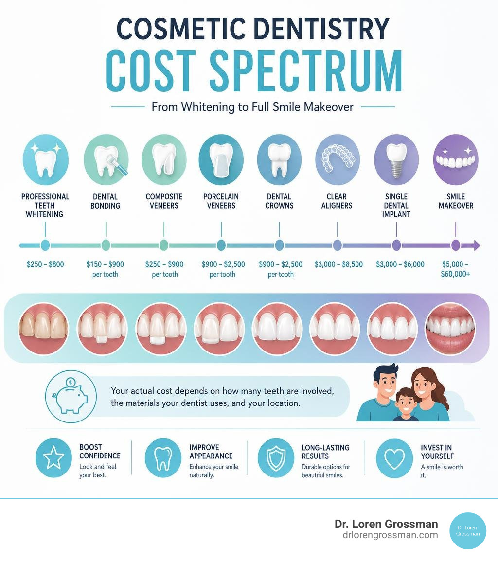 Cosmetic dentistry cost spectrum from whitening to full smile makeover with price ranges infographic Cosmetic dentistry cost spectrum from whitening to full smile makeover with price ranges infographic