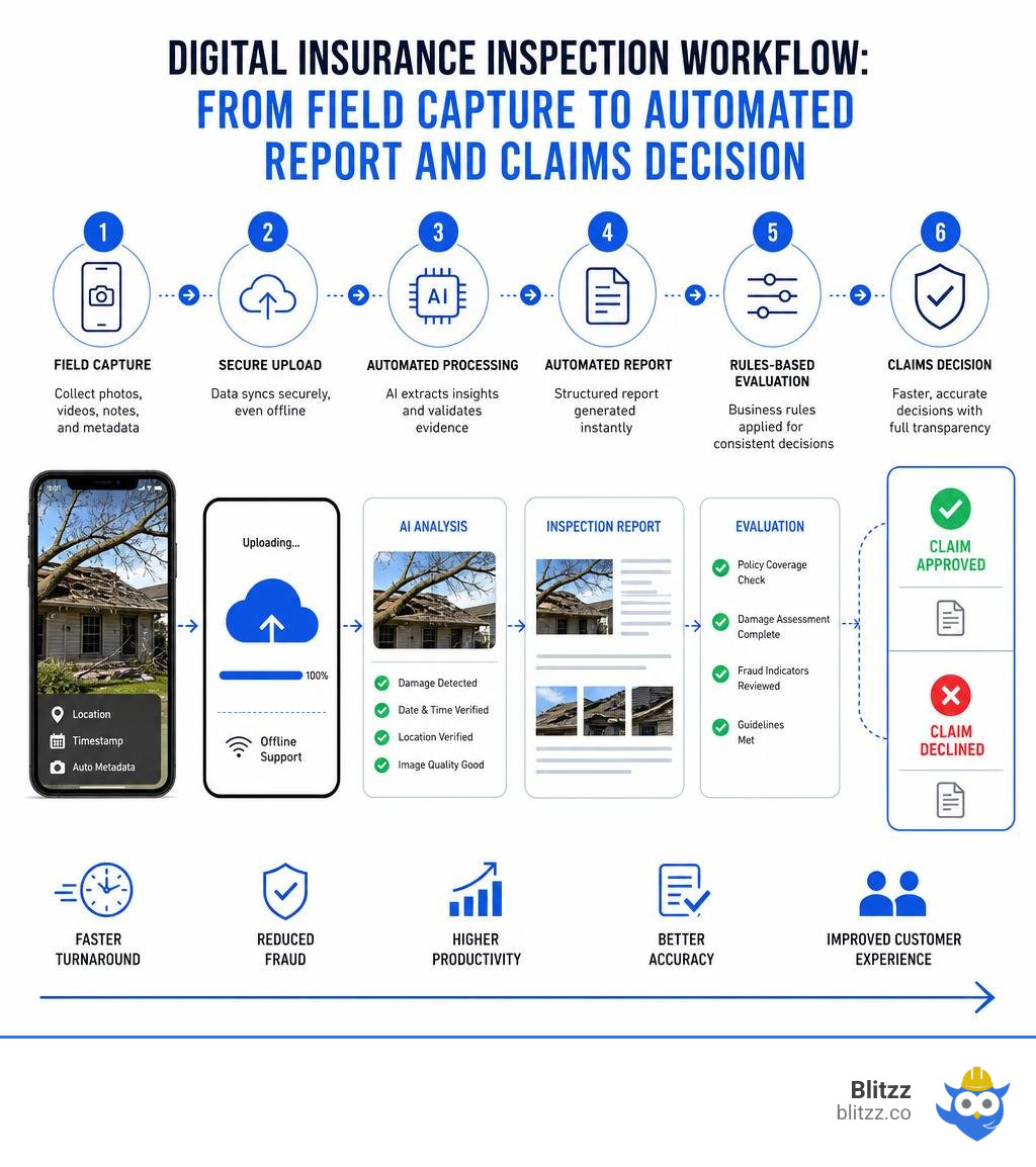 Digital insurance inspection workflow: from field capture to automated report and claims decision infographic