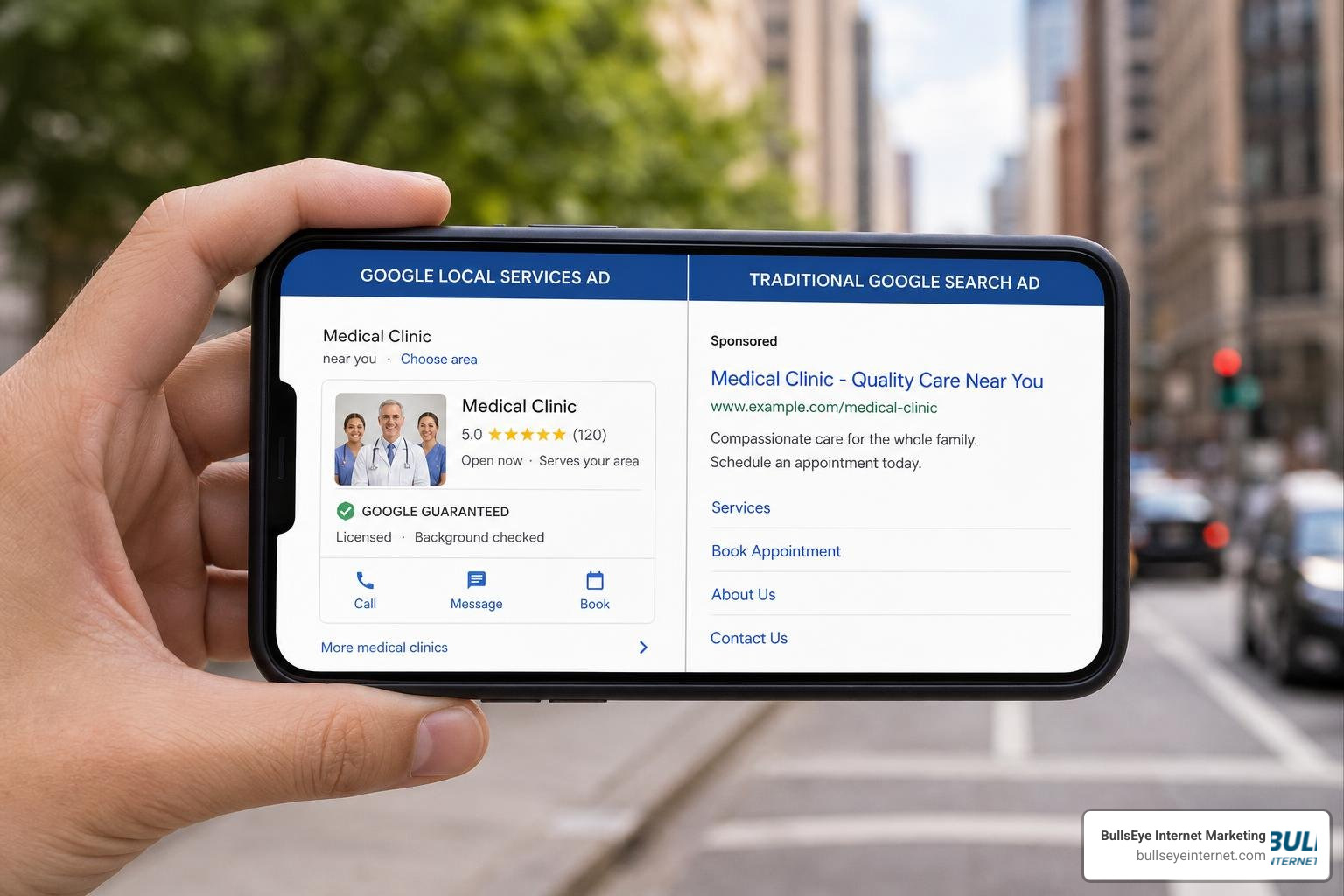 Comparison of Google Local Services Ads and Traditional Google Search Ads on a mobile device Google Local Services Ad for medical clinic displaying "Google Guaranteed" badge and appointment booking options.
