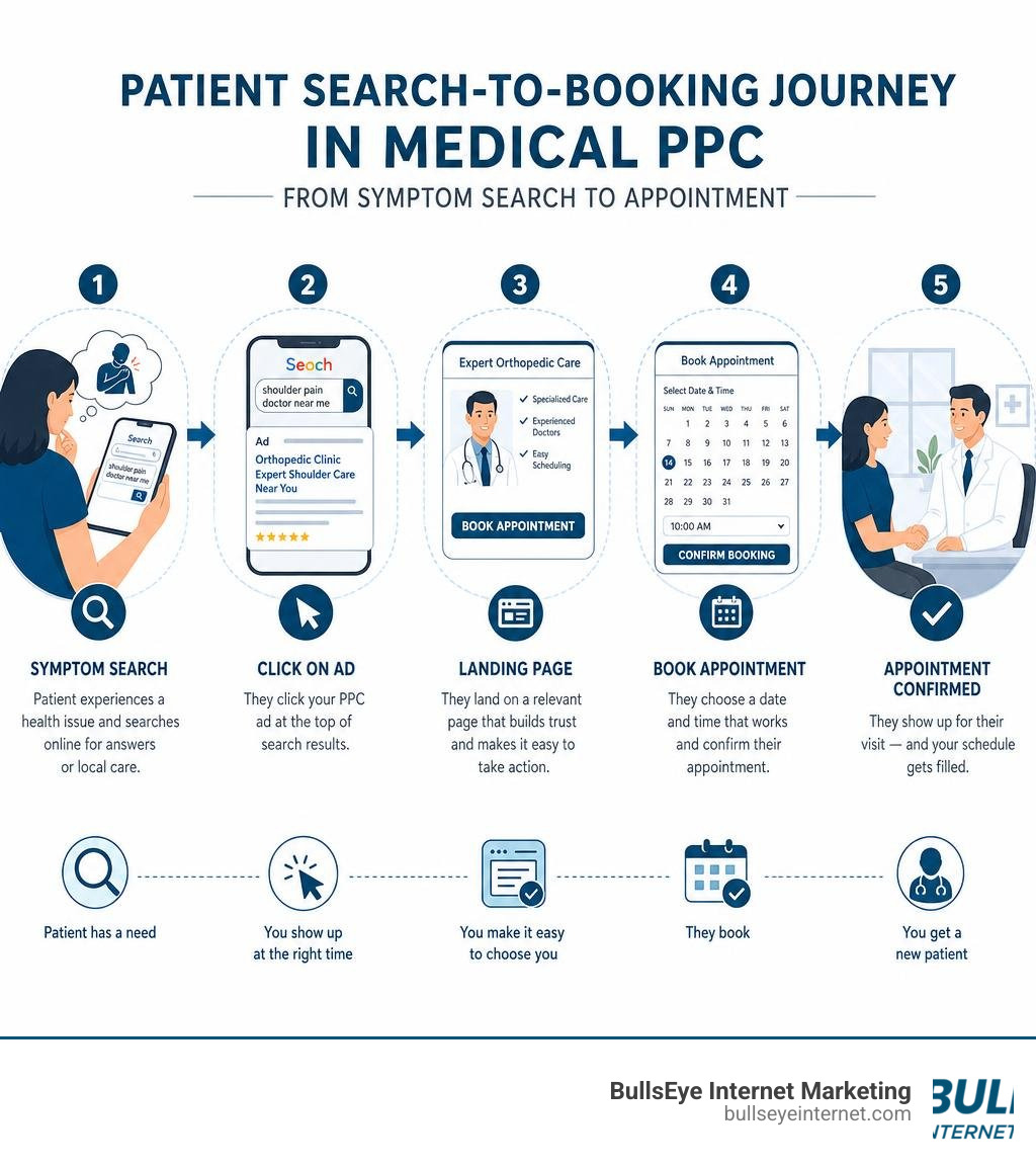 Patient search-to-booking journey in medical PPC: from symptom search to appointment infographic Patient medical search-to-booking journey infographic illustrating PPC ad process for medical practices.