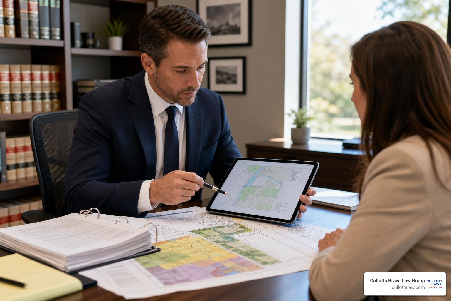 A property subdivision lawyer reviewing land-use and zoning regulations during a consultation