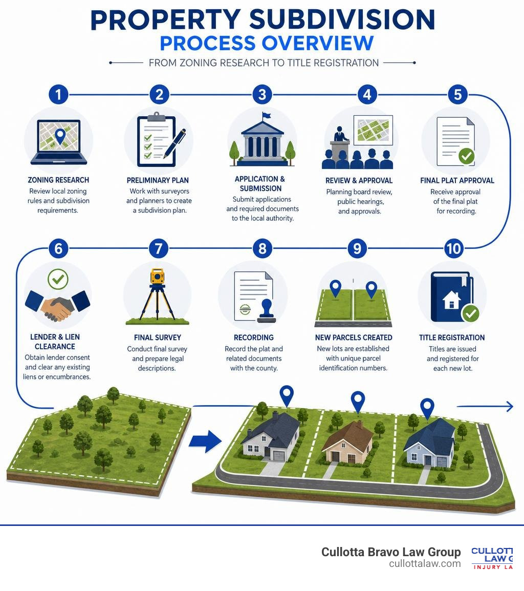 Property subdivision process overview infographic: steps from zoning research to title registration infographic