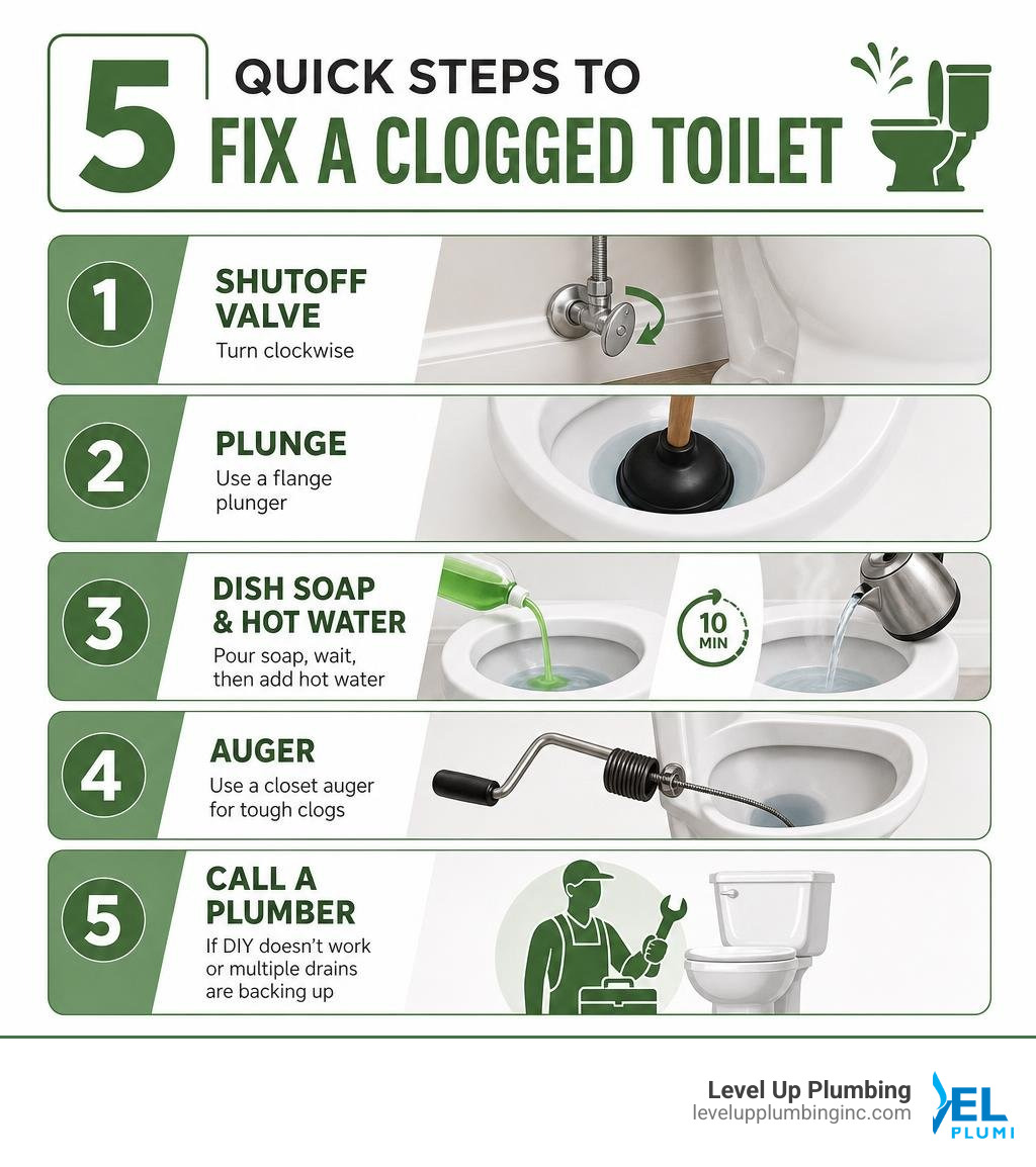 5 quick steps to fix a clogged toilet: shutoff valve, plunge, dish soap, auger, call a plumber infographic 5 quick steps to fix a clogged toilet: shutoff valve, plunge, dish soap, auger, call a plumber infographic