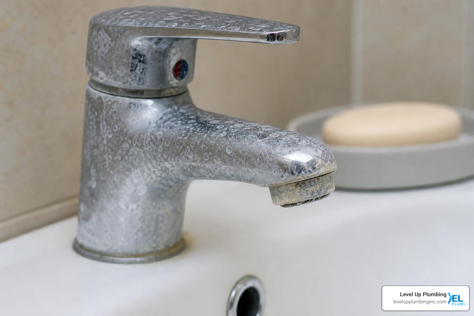 Hard water scale buildup on a chrome bathroom faucet