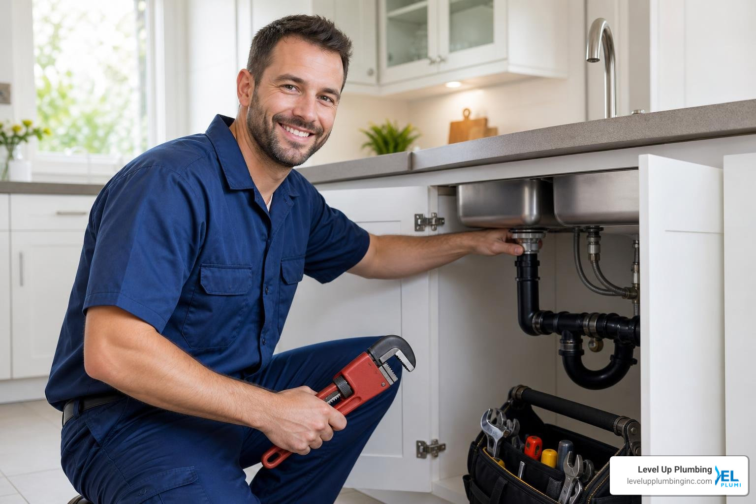 Professional plumber smiling while working in a clean home