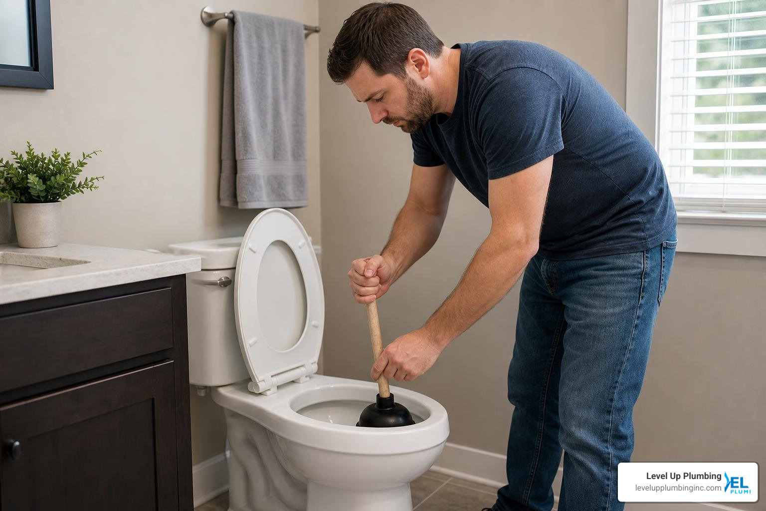 homeowner using a flange plunger to clear a toilet clog