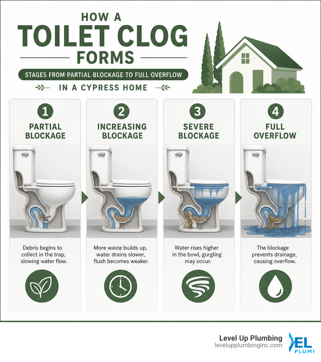 How a toilet clog forms — stages from partial blockage to full overflow in a Cypress home infographic