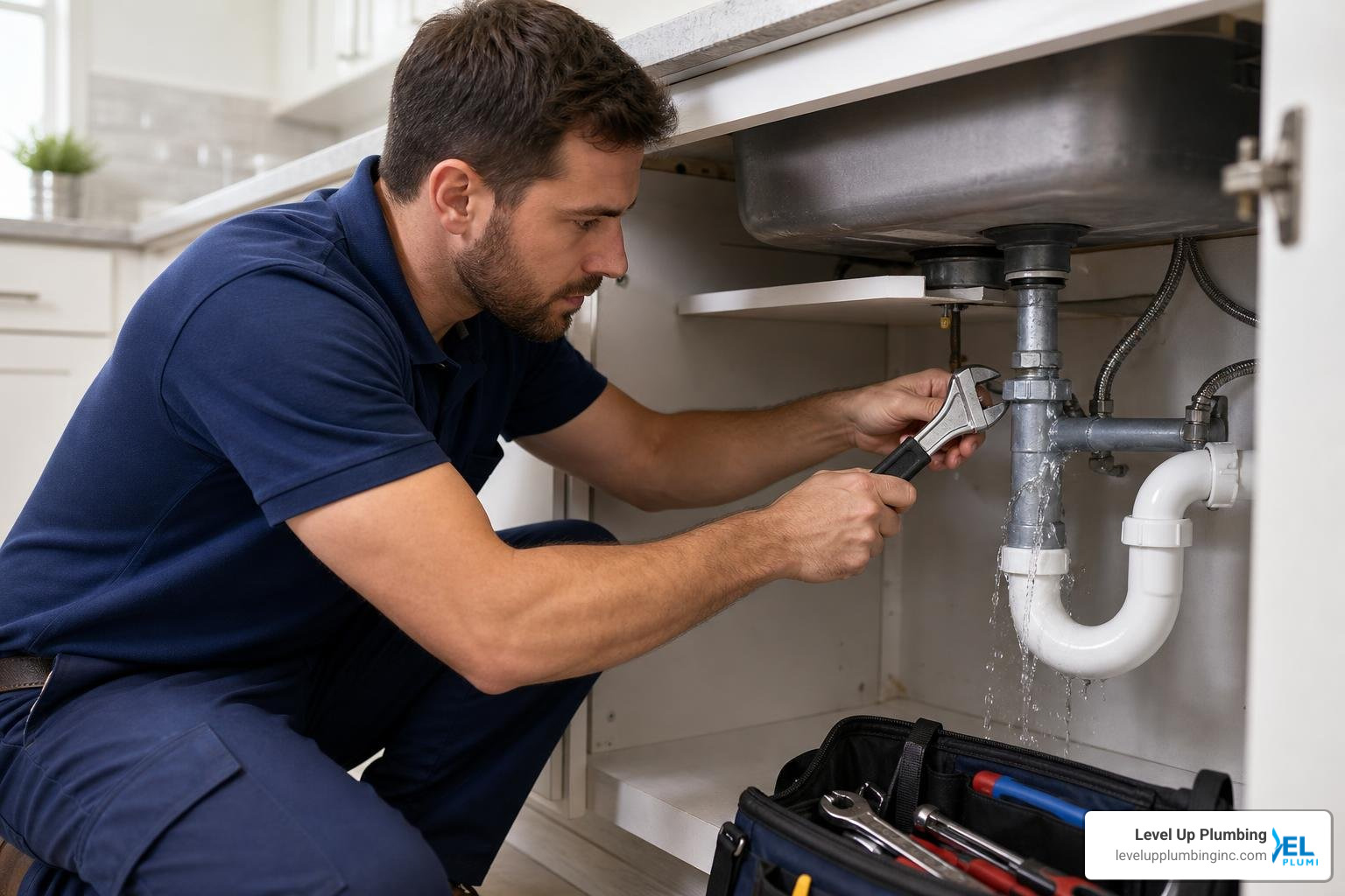 Professional plumber repairing a leaking water line under a kitchen sink