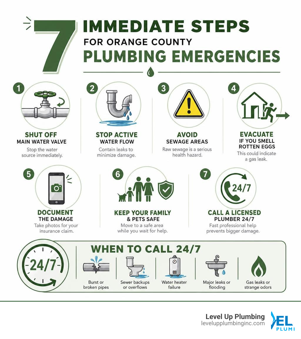 Infographic showing 7 immediate steps for Orange County plumbing emergencies and when to call 24/7 infographic