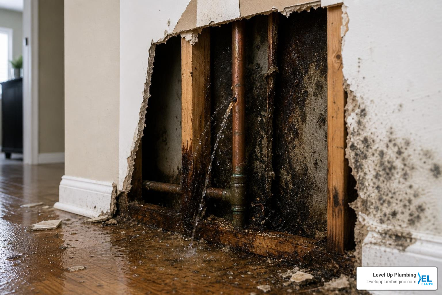Burst pipe leaking water behind drywall causing structural rot and toxic mold hazards