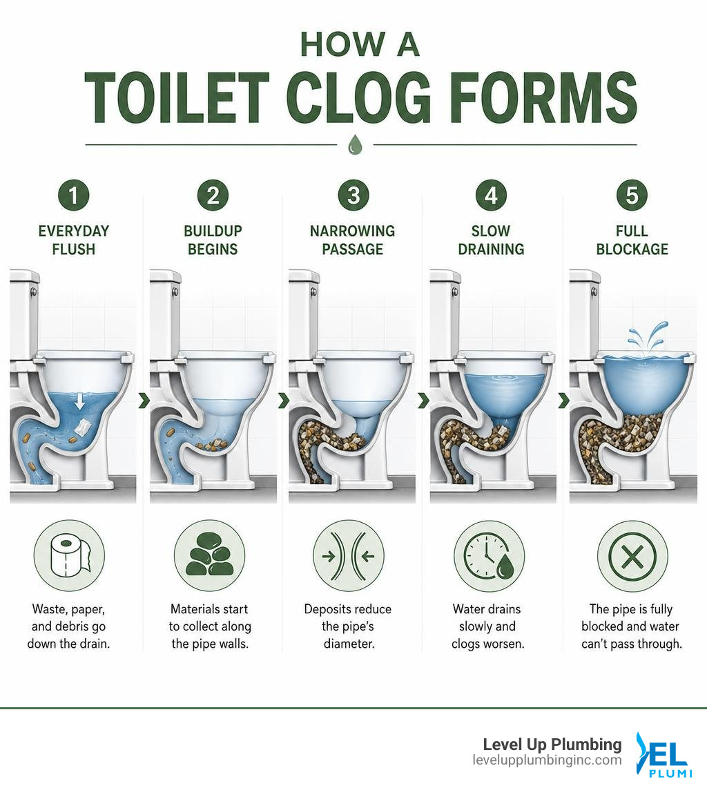 Infographic showing how a toilet clog forms step by step, from debris buildup to full blockage infographic