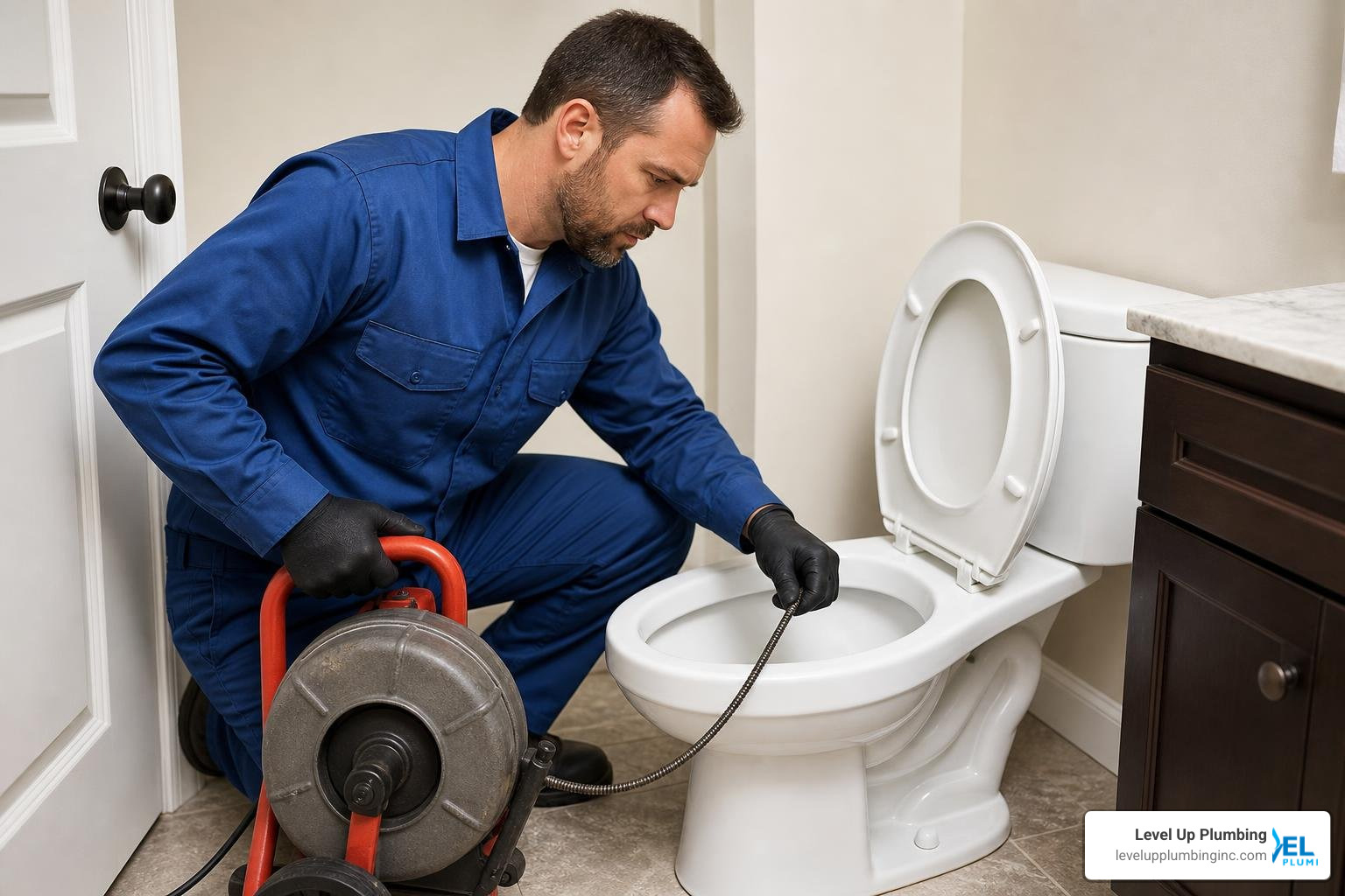 professional plumber using a toilet auger to clear a stubborn clog