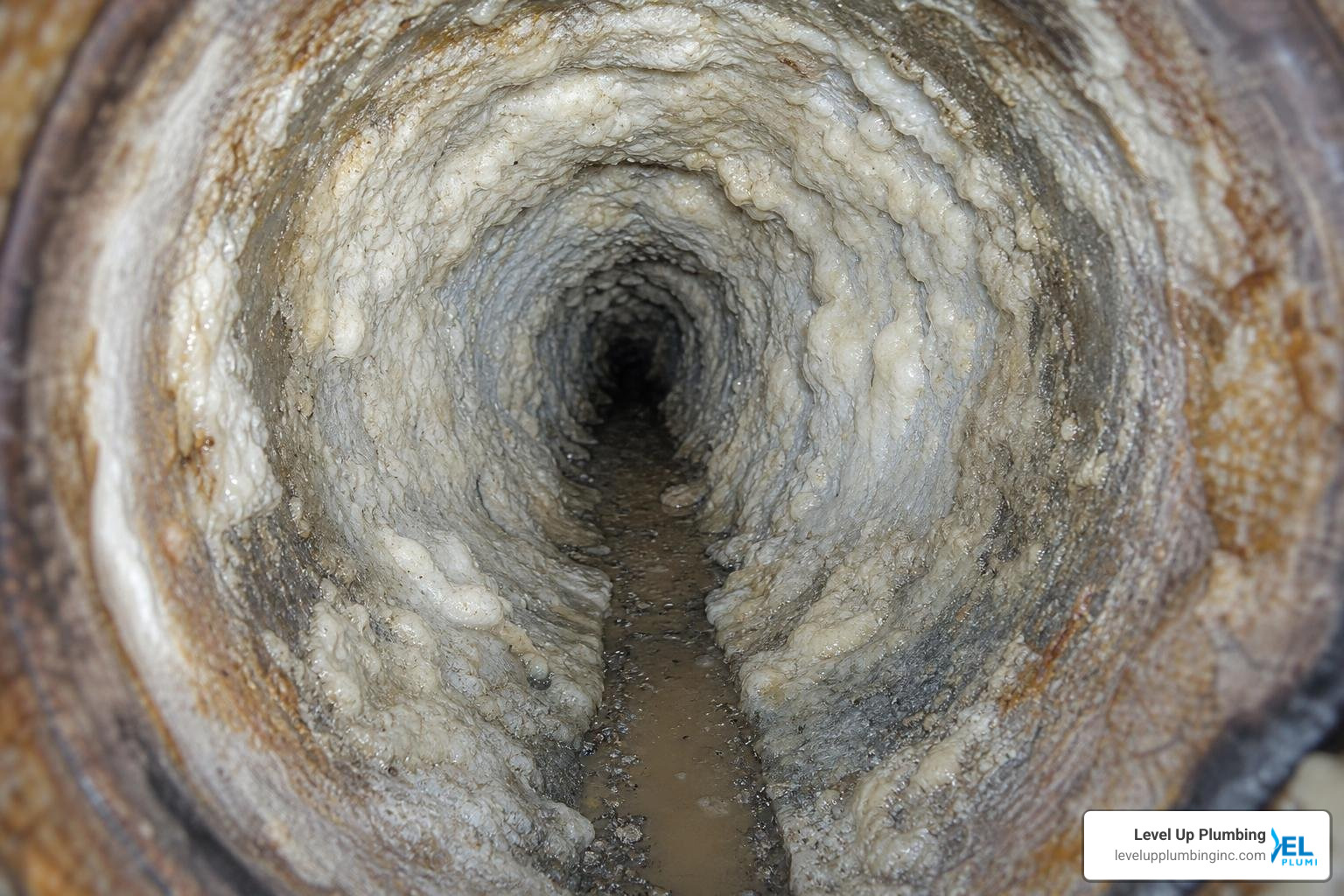 hard water mineral buildup in older sewer pipes