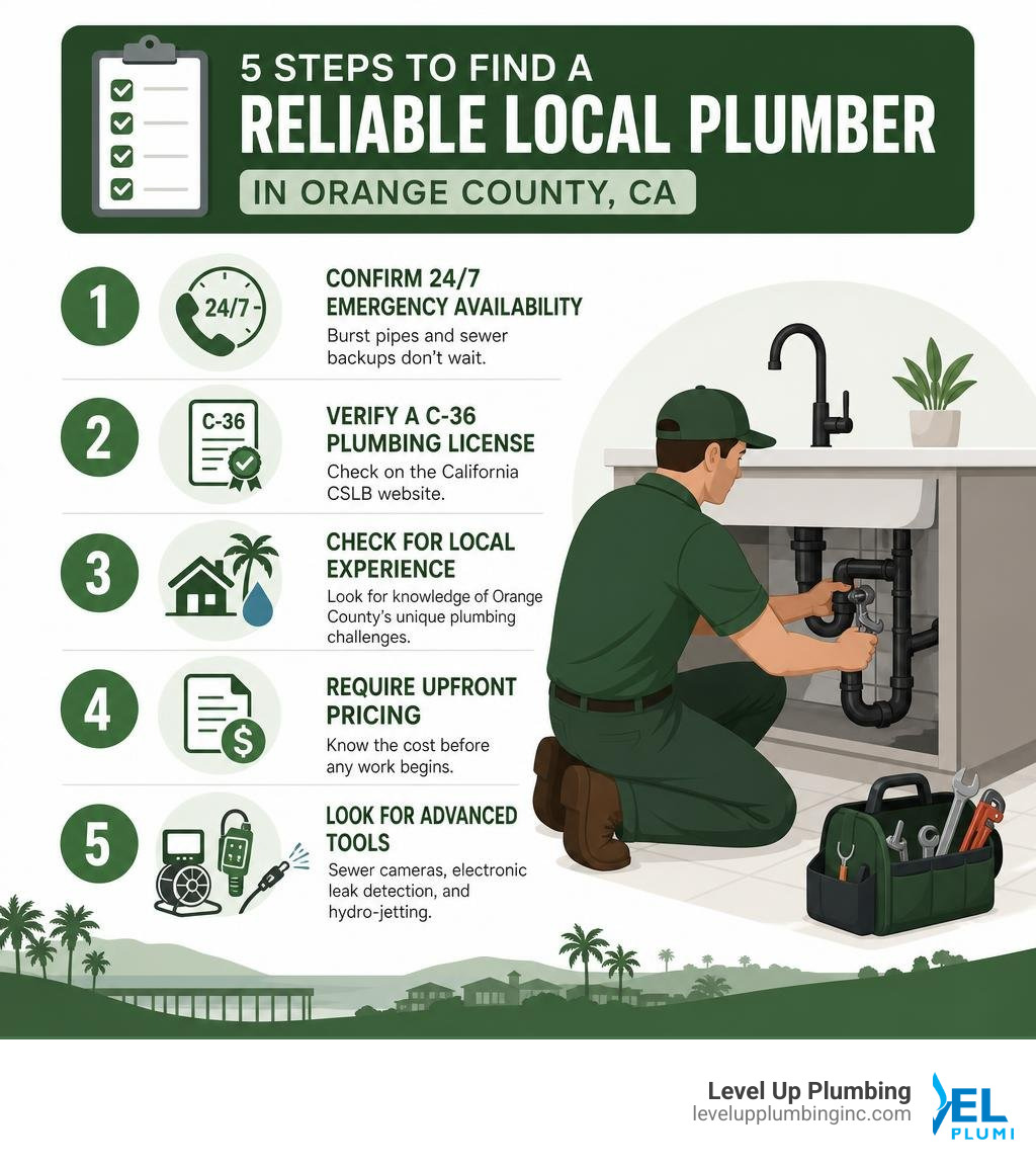 Checklist infographic: 5 steps to find a reliable local plumber in Orange County CA infographic Checklist infographic: 5 steps to find a reliable local plumber in Orange County CA infographic
