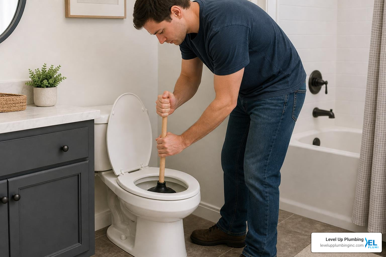 Homeowner using a flange plunger correctly to clear a toilet clog