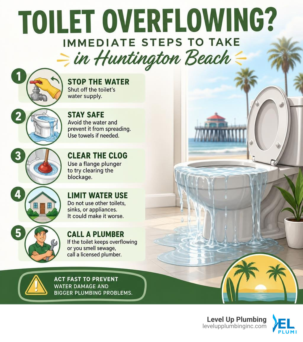 Infographic showing immediate steps to take when a toilet overflows in Huntington Beach infographic
