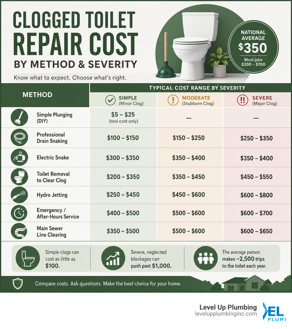 Infographic showing clogged toilet repair cost ranges by method and severity infographic Infographic showing clogged toilet repair cost ranges by method and severity infographic