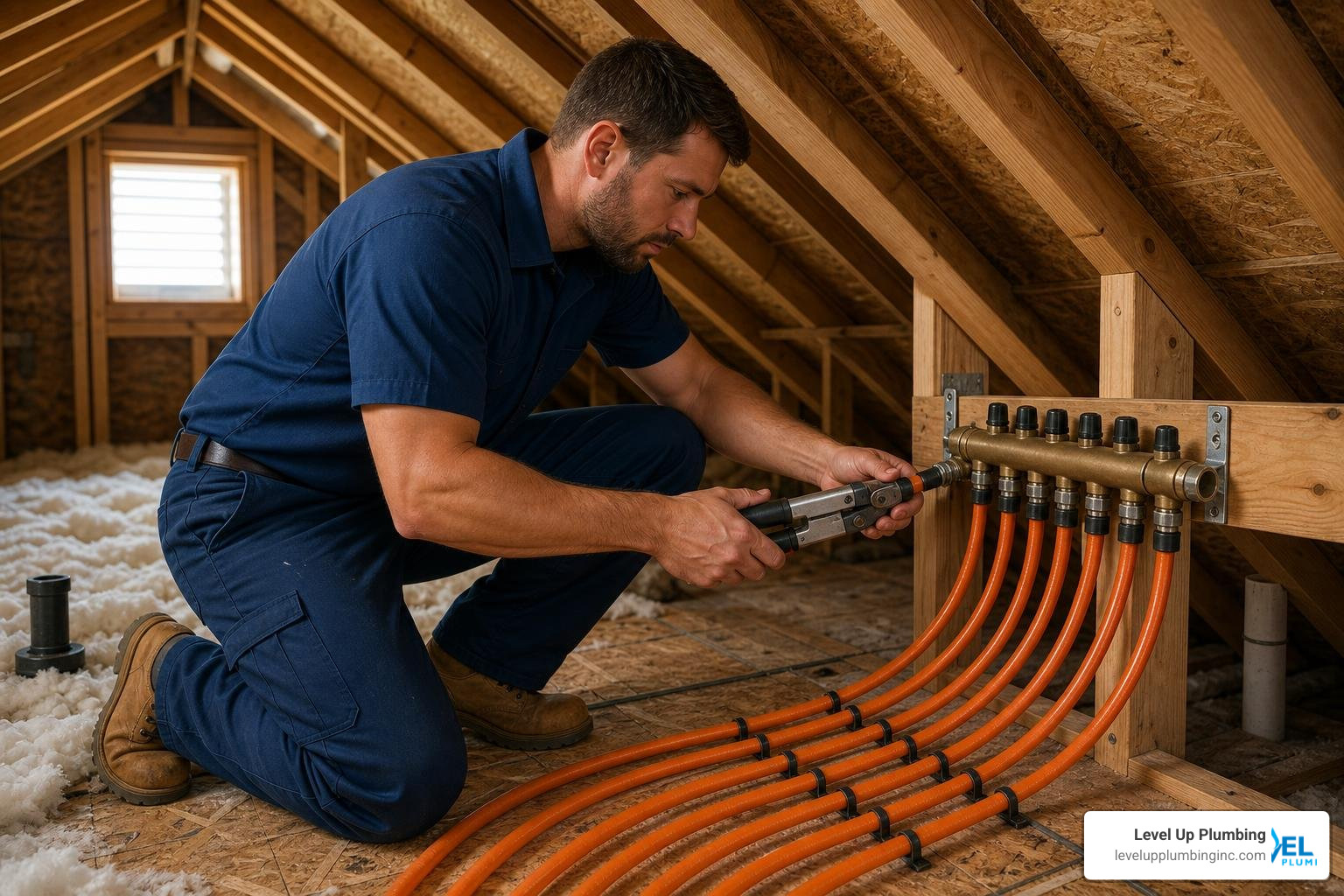 Plumber installing flexible PEX piping in a residential home attic
