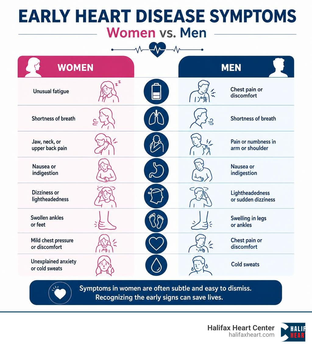 Infographic comparing early heart disease symptoms in women vs. men infographic