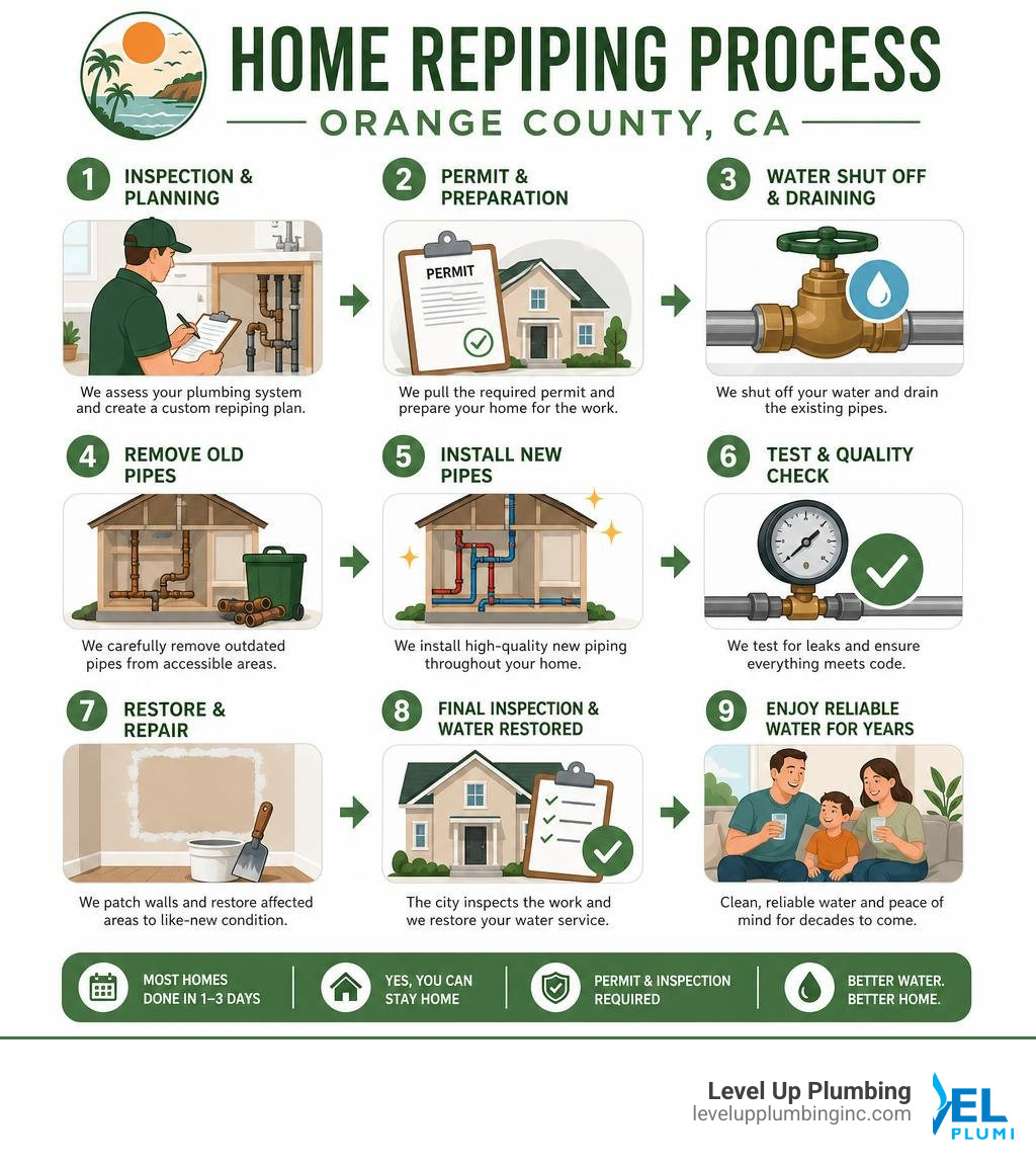 Overview infographic of the home repiping process in Orange County CA infographic
