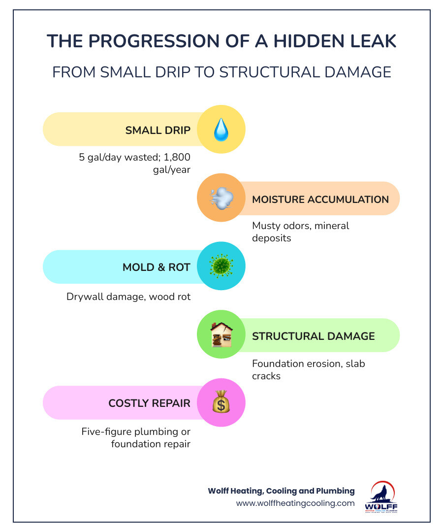 progression of a hidden plumbing leak from small drip to structural damage and mold growth infographic progression of a hidden plumbing leak from small drip to structural damage and mold growth infographic