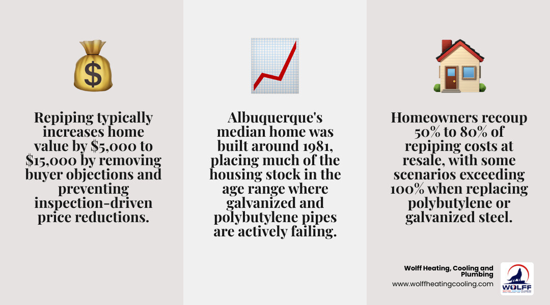 Infographic showing how repiping protects home equity in the Albuquerque real estate market with ROI stats infographic Infographic showing how repiping protects home equity in the Albuquerque real estate market with ROI stats infographic