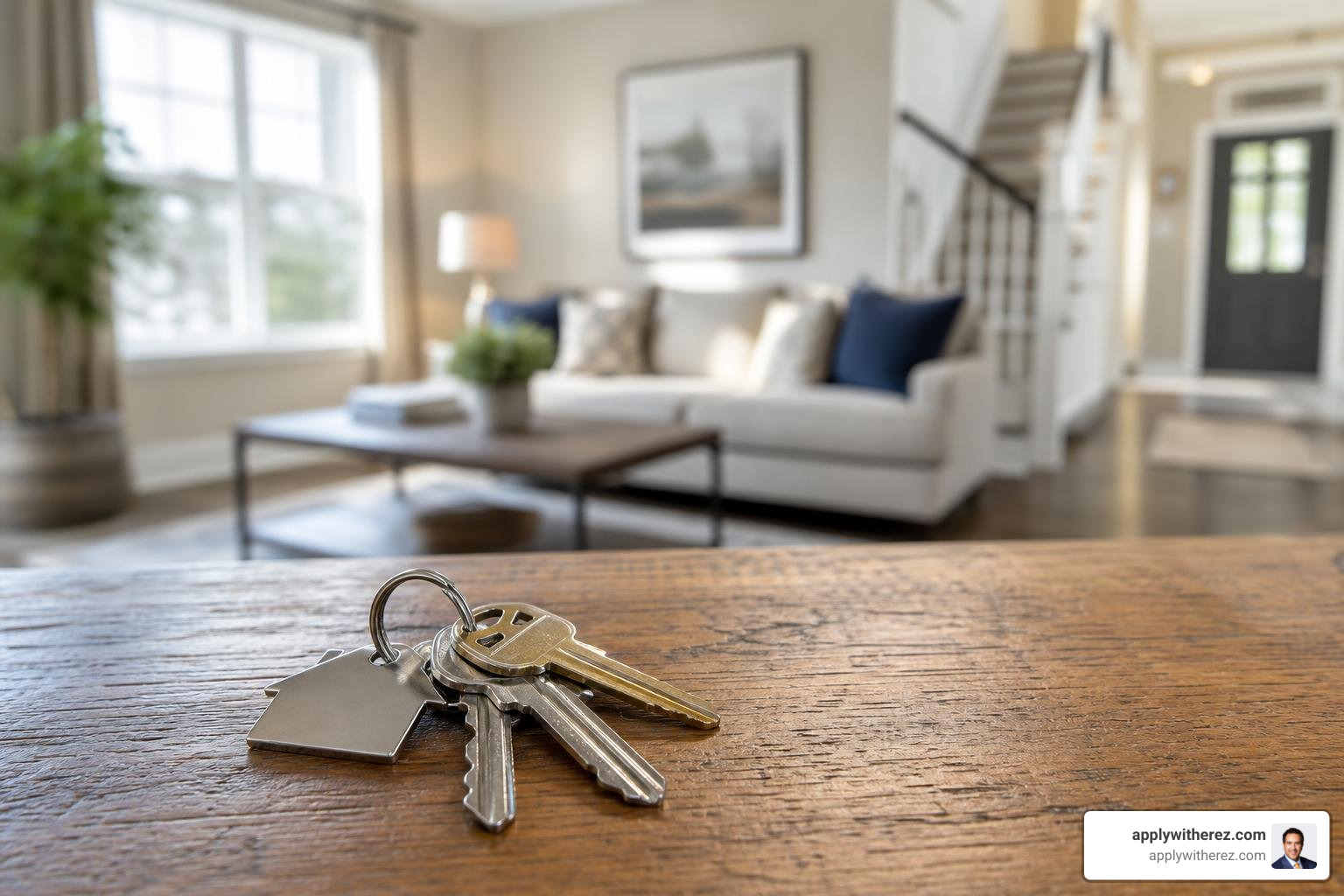 Keys to a new home resting on a wooden table Keys to a new home resting on a wooden table