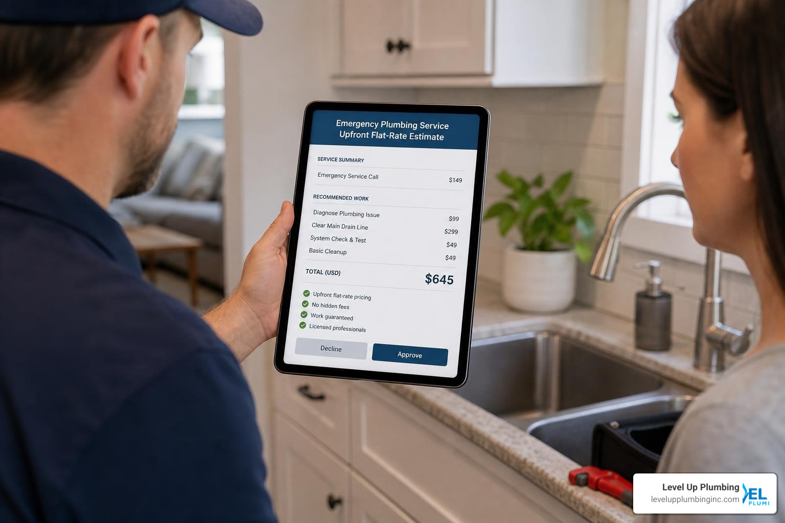 Upfront flat-rate pricing estimate presented on a digital tablet for customer approval