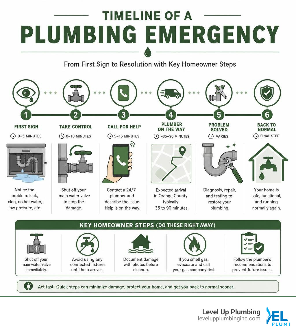Timeline of a plumbing emergency from first sign to resolution with key homeowner steps infographic