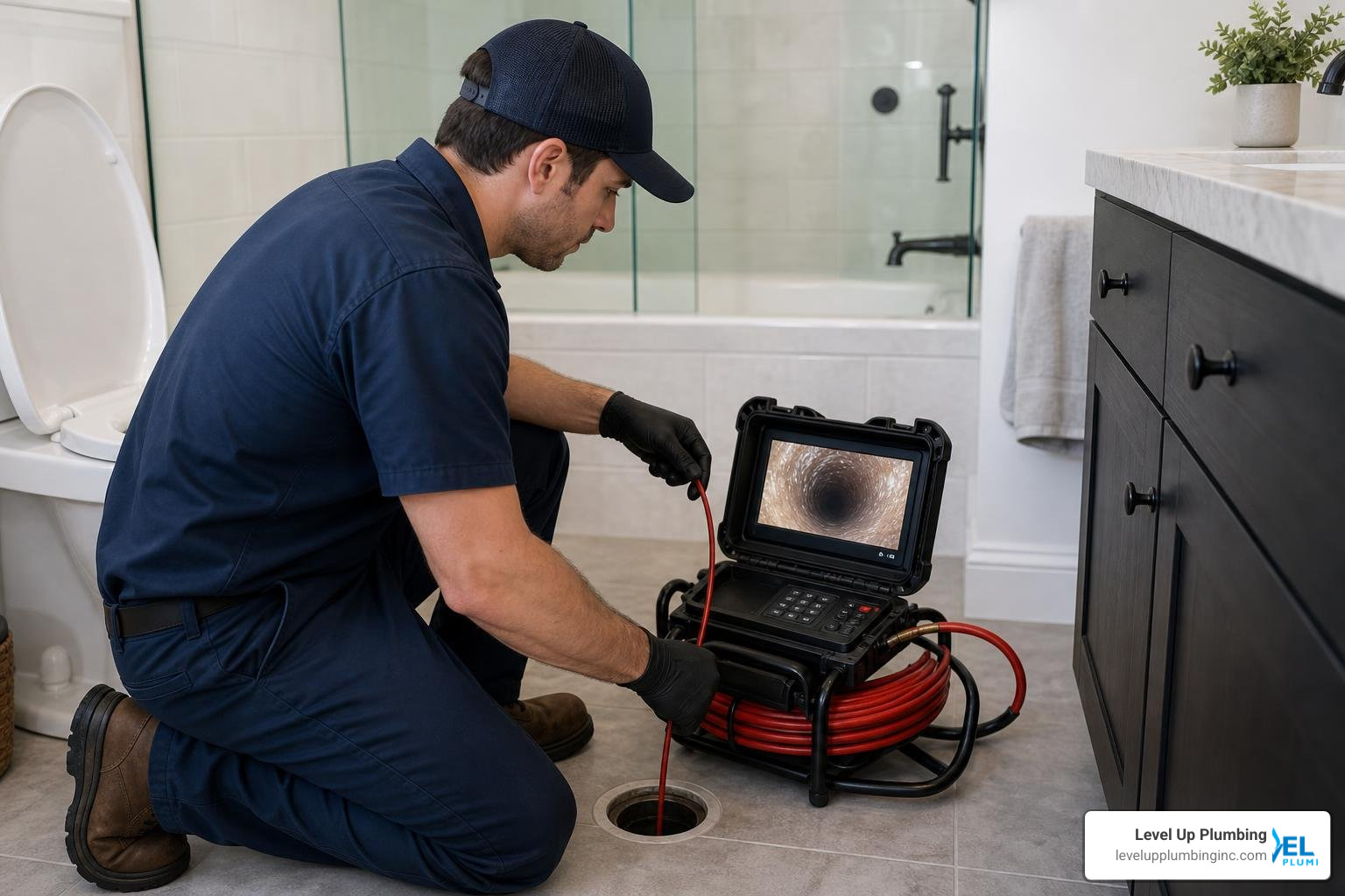 Professional plumber using a sewer camera to inspect a clogged drain line Professional plumber using a sewer camera to inspect a clogged drain line