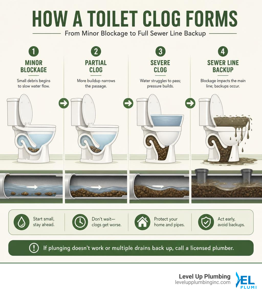 How a toilet clog forms, from minor blockage to full sewer line backup — infographic infographic How a toilet clog forms, from minor blockage to full sewer line backup — infographic infographic