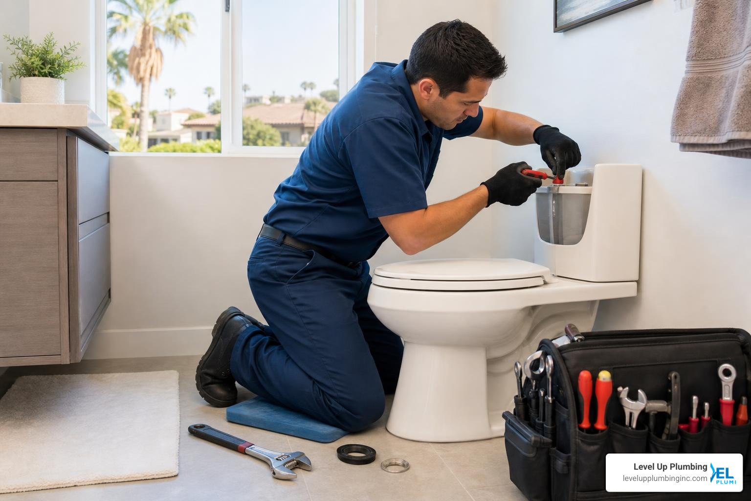 Professional plumber repairing a toilet in an Orange County home Professional plumber repairing a toilet in an Orange County home