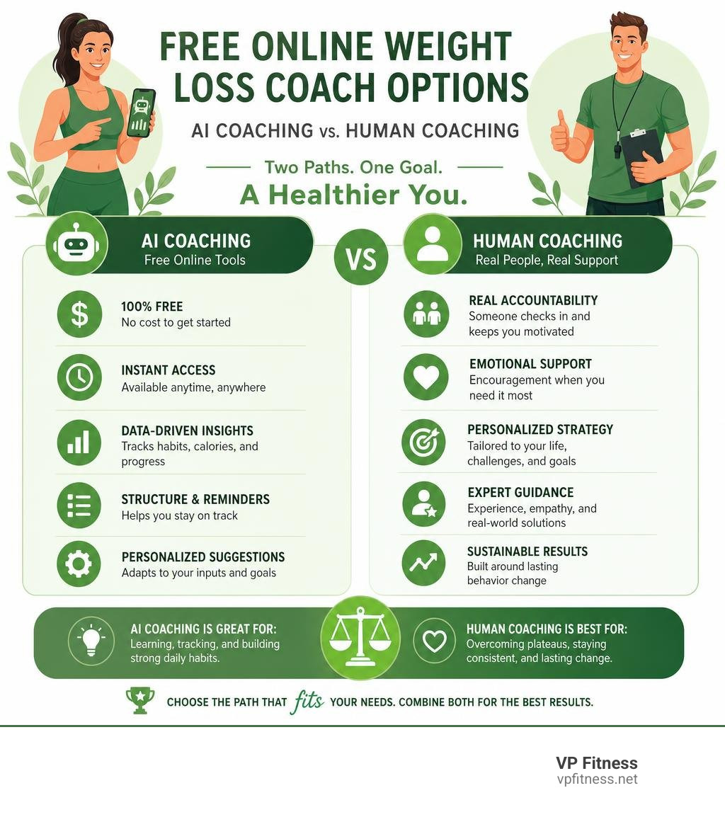 Free online weight loss coach options compared to AI and human coaching approaches infographic Free online weight loss coach options compared to AI and human coaching approaches infographic