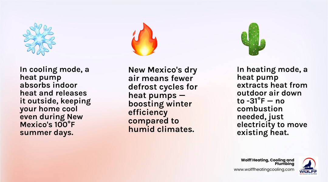 Infographic showing heat pump refrigeration cycle in heating and cooling modes for New Mexico homes infographic Infographic showing heat pump refrigeration cycle in heating and cooling modes for New Mexico homes infographic