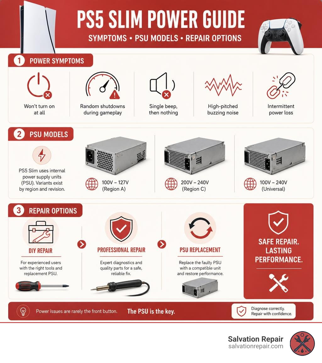 PS5 Slim power symptoms, PSU models, and repair options infographic infographic PS5 Slim power symptoms, PSU models, and repair options infographic infographic