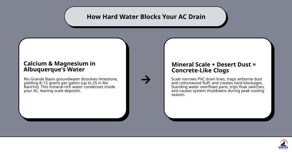 How hard water minerals build up and block HVAC condensate lines and drain pans in Albuquerque infographic How hard water minerals build up and block HVAC condensate lines and drain pans in Albuquerque infographic
